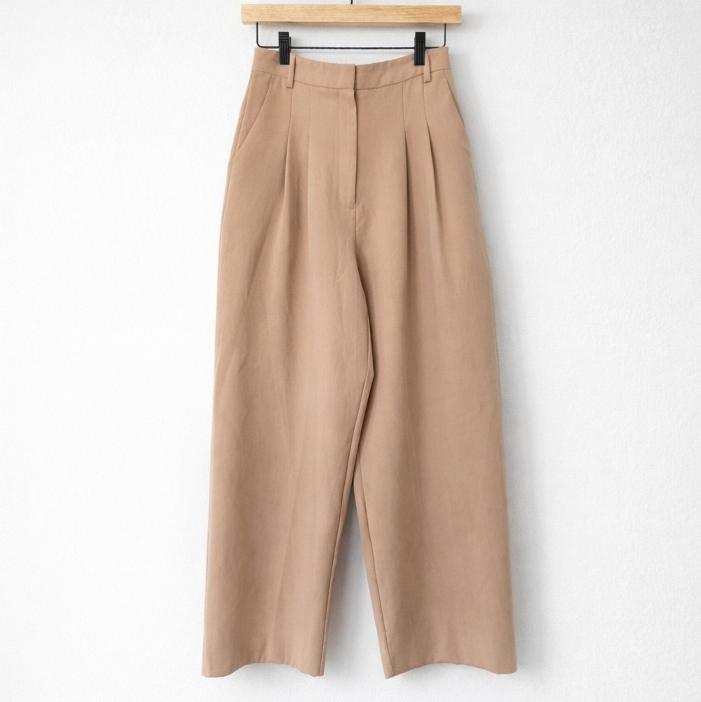 Miss Selfridge Petite Beige High Waist Wide Leg Pleated Trousers US6